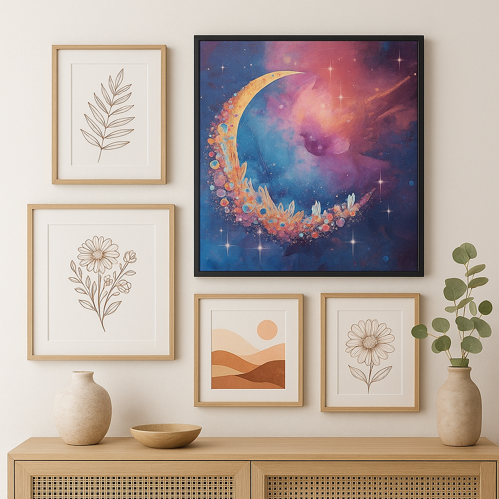 Crystal Moonrise – Cosmic Crescent Moon Art Print | Celestial Crystal Wall Art | Dreamy Galaxy Decor