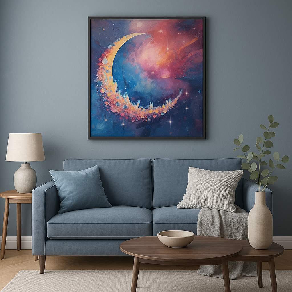 Crystal Moonrise – Cosmic Crescent Moon Art Print | Celestial Crystal Wall Art | Dreamy Galaxy Decor