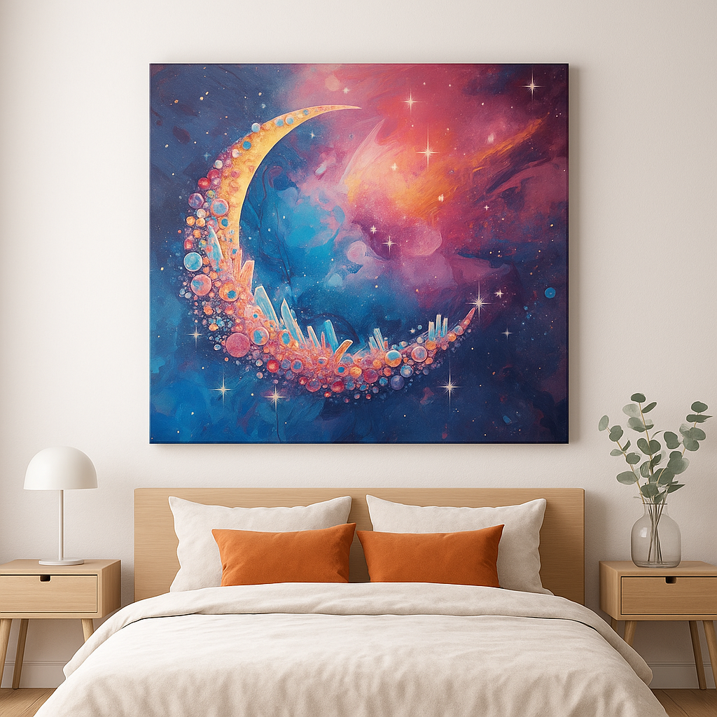 Crystal Moonrise – Cosmic Crescent Moon Art Print | Celestial Crystal Wall Art | Dreamy Galaxy Decor