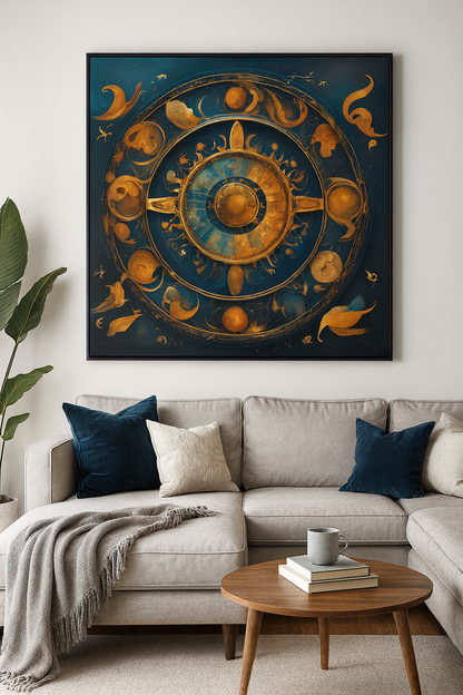 Celestial Zodiac Wheel Canvas Art – Mystic Gold & Midnight Blue Astrology Wall Decor