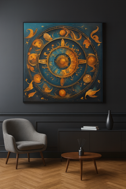 Celestial Zodiac Wheel Canvas Art – Mystic Gold & Midnight Blue Astrology Wall Decor