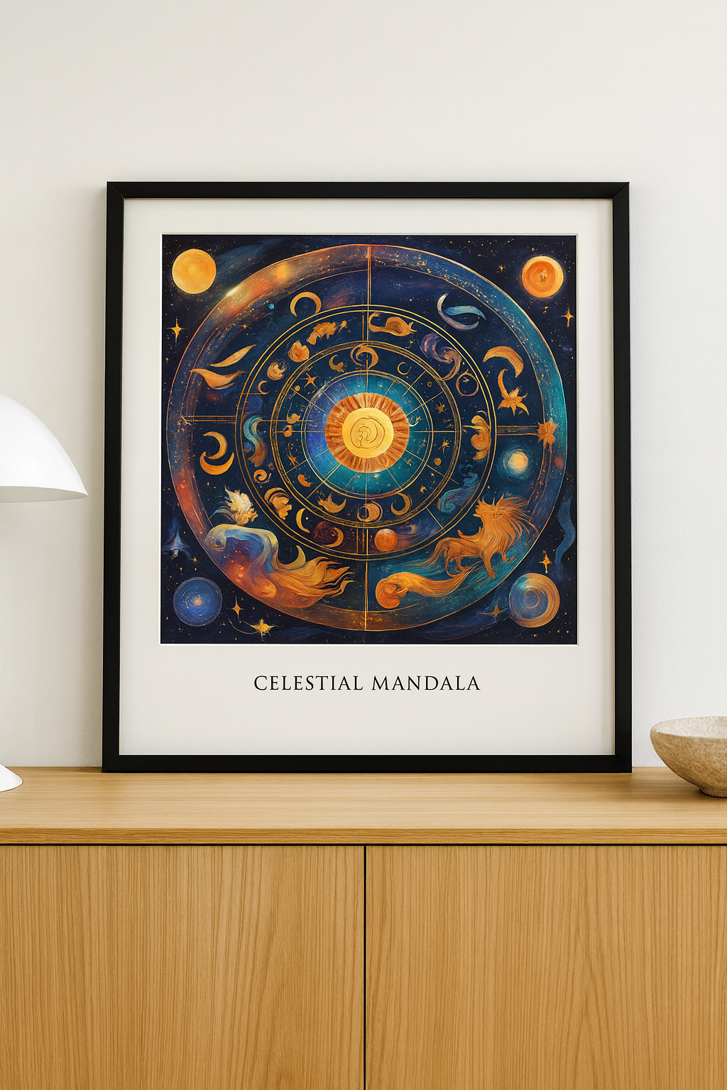 Celestial Zodiac Mandala Wall Art – Mystical Astrology Sun Wheel Print for Meditation and; Home Décor