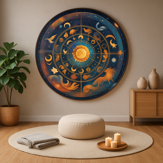 Celestial Zodiac Mandala Wall Art – Mystical Astrology Sun Wheel Print for Meditation and; Home Décor