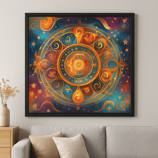 “Golden Zodiac Harmony – Celestial Mandala Wall Art”